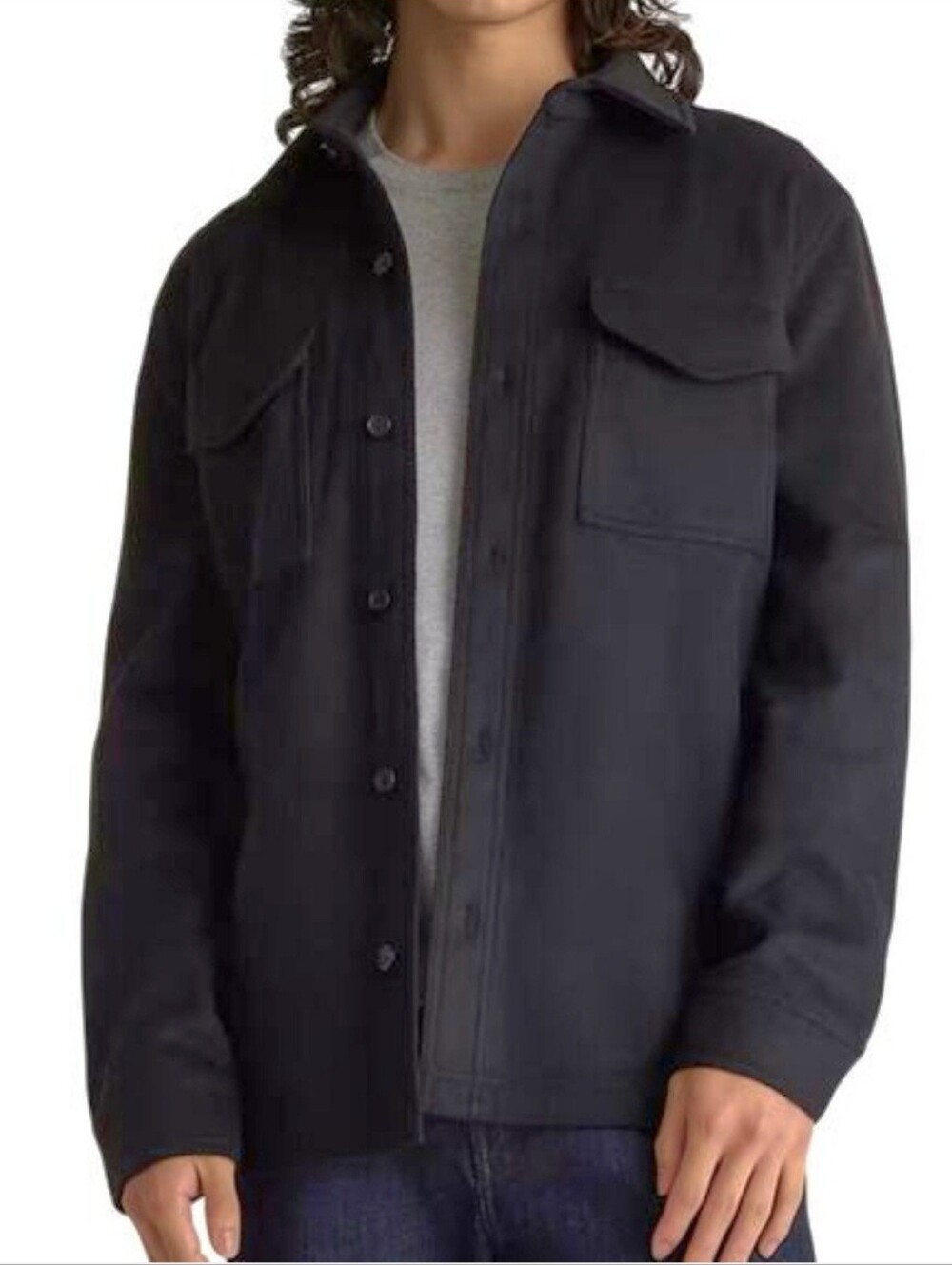 Quince Men's Stylish Black Virgin Wool Blend  Button-Front Shirt Jacket SzM